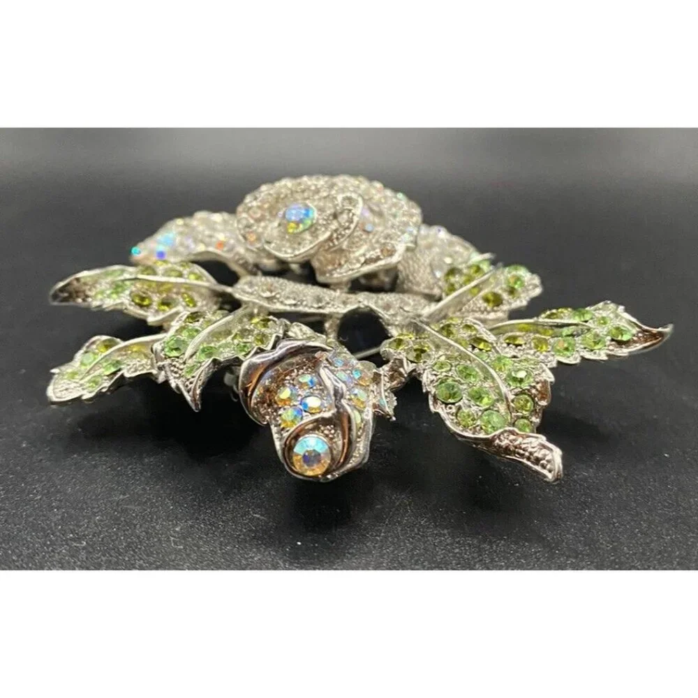 AB Clear Crystal Rose Brooch Huge 4" Silver Tone Thorns Green Leaves Rosebud - Picture 4 of 8